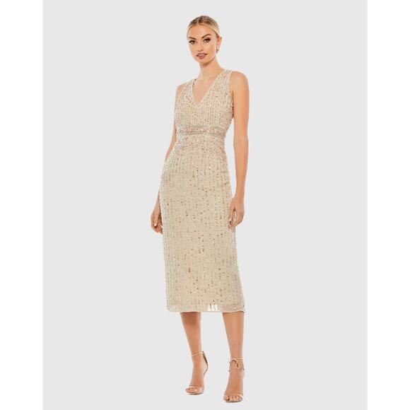 MAC DUGGAL Women's Beige Sequined Sleeveless V-Neck Midi Sheath Dress Size 6 - Picture 1 of 9